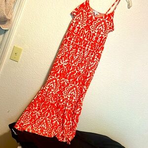 Emily Daniel’s red and white maxi dress